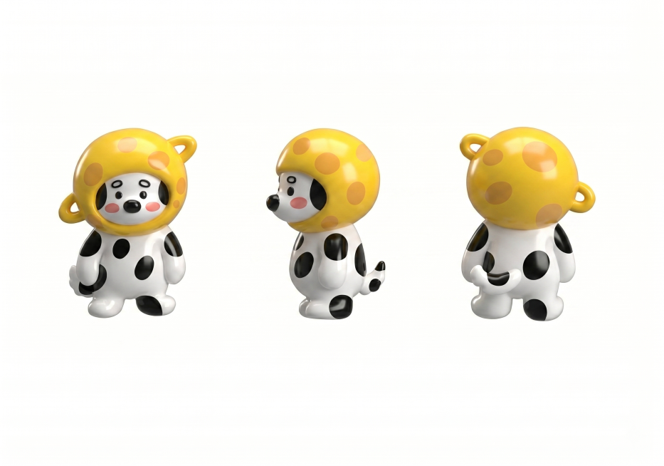 根据参考图生成3D效果的斑点狗角色，材质为光滑塑料质感，保留原图中正面、侧面、背面三个角度的构图，人物眉毛保持原图黑色镂空扁圆圈效果，不要填充眉毛，保持镂空预览效果