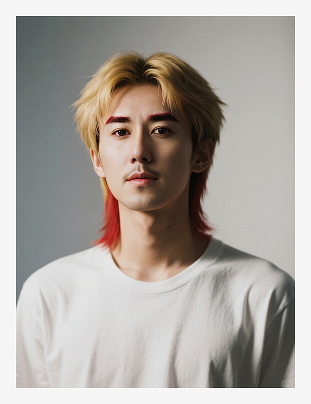 一个男生，狼尾短发，上半部分金色+下半部分嫣红色；染金色眉毛；穿白色T恤