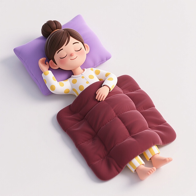 3D渲染风格，一个女孩躺在床上的全身像，她闭着眼睛，嘴角带着微笑，头发扎成一个丸子头，穿着白色带黄色条纹和圆点图案的长袖睡衣和长裤，头枕着一个紫色的枕头，身上盖着一条深红色的被子，右手抬起，左手放在被子上，双脚伸直，保持纯白背景，柔和的光线，清晰的边缘，光滑的材质，立体感强，卡通风格的3D建模，可爱的表情，温馨的氛围，细节丰富，高分辨率。