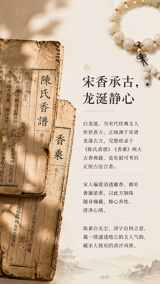 [第2屏] 淘宝详情页品名溯源板块，介绍白龙涎合香珠的古籍正统背景。本屏使用【图1】作为商品装饰元素，手串置于画面右上角做点缀。
[氛围/风格] 文化底蕴感，宋式雅致美学，简约干净排版。
[元素布局] 左侧展示残缺宋本书页光影效果，右侧放置文字区域，手串斜放右上角呼应主题，留白透气不拥挤；排版层级分明。
[光影质感] 柔缓侧光，书页纹理清晰，文字区域明亮易读。
[配色色系] 全局底色 #F8F4ED，主色米白宣纸色，辅助色深棕文字、浅灰点缀。
[视角构图] 平面排版式构图，从上到下阅读动线清晰。
[文字版式] 顶部板块标题 "宋香承古，龙涎静心"；下方正文文案："白龙涎，为宋代经典文人传世香方，正统溯于宋谱龙涎古方，完整收录于《陈氏香谱》《香乘》两大古香典籍，是有据可考的正统古法合香。宋人偏爱清透雅香，摒弃奢靡浓熏，以此方制珠随身佩戴，修心养性、澄净心绪。取素白无尘、清宁自持之意，凝一缕通透绝尘的文人气韵，藏宋人独有的清冷风骨。"；文字分段排版，层级清晰，正文清晰可读。
[比例分辨率] 9:16竖版比例，4K分辨率，高清画质，文字清晰可辨。
[负向提示词] 文字错乱，文字过小，水印，构图拥挤，商品主体变形颜色偏差