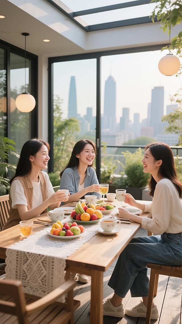 自然光从落地窗洒入的现代简约风格户外露台，三位身着时尚休闲装的年轻女性围坐在铺有精致餐布的木质餐桌旁，桌上摆放着色彩鲜艳的水果拼盘、精致茶具和饮品，她们面带愉悦笑容正在愉快交谈，背景是城市天际线和绿植点缀，温暖柔和的灯光营造出轻松惬意的聚会氛围，整体画面呈现出明亮通透、自然写实的摄影质感，光影层次丰富，色彩和谐统一。