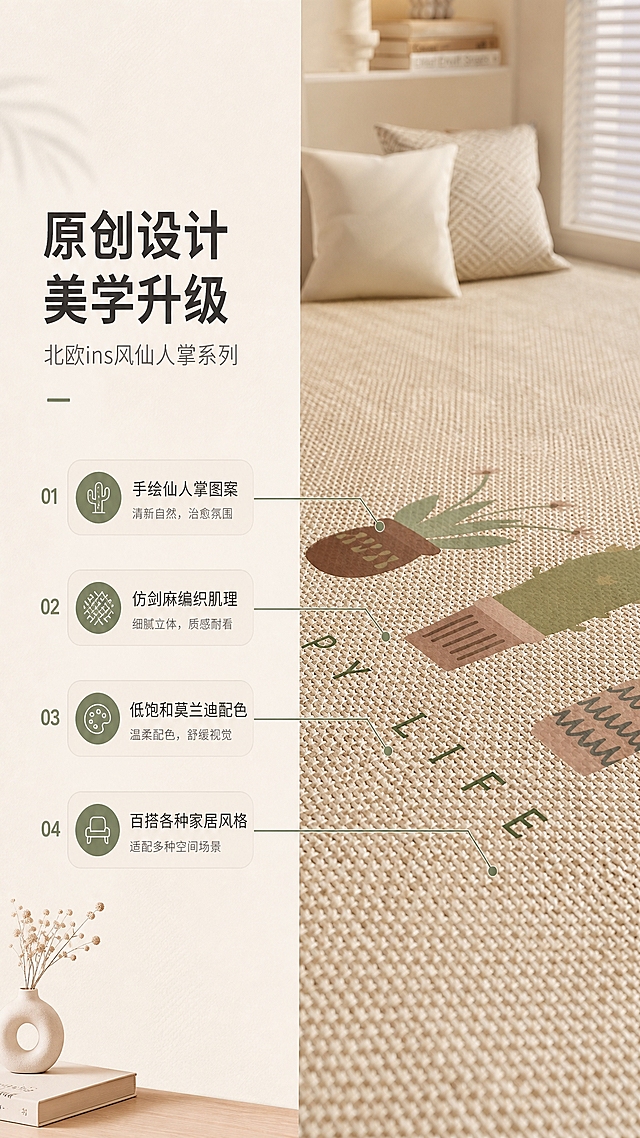 [商品] 使用【图1】米杏色仙人掌图案飘窗垫；保留仿剑麻编织肌理、仙人掌盆栽图案、米杏色调；局部放大图案细节，增强编织纹理质感，不改变材质和图案设计。
[画面] 设计说明页，竖版9:16，左文右图布局，右侧为飘窗垫图案微距特写（仙人掌图案+编织肌理），占画面55%，左侧留白放设计理念文案，阅读动线从左到右再向下，前景毯面纹理、中景图案细节、后景柔和虚化飘窗场景。
[视觉] 套系策略：风格=日式侘寂奶油风商业摄影；标题字=现代简约粗黑体；正文字=纤细无衬线体；主色=米杏奶油色；背景延展=基于米杏色做深浅层级、同色渐变和细腻织物/木质质感；强调色=莫兰迪橄榄绿，仅用于小面积图标、引线和标签；标题色=深炭灰；正文色=中暖灰；组件=圆角浅底信息卡、细线引线；光影=左前侧暖柔光，均匀柔和。
[文字] 左侧主标题「原创设计 美学升级」，副标题「北欧ins风仙人掌系列」，下方4个设计说明点：「手绘仙人掌图案 / 仿剑麻编织肌理 / 低饱和莫兰迪配色 / 百搭各种家居风格」；文字横向排版，右侧配细线引出图案细节标注。
[规格] 图片比例9:16竖版，4K，避免变形、错字、文字过小、毛绒感、冷蓝/蓝灰背景、颜色改变、材质失真。