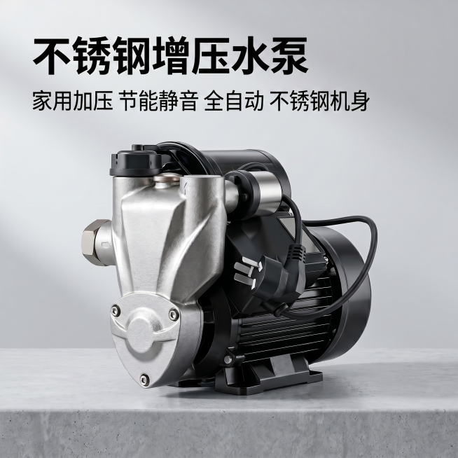 [主图 1] 不锈钢增压水泵淘宝首图，氛围风格：专业简洁高级电商风，[画质]：商业摄影质感、光线柔和通透、产品清晰真实、画面干净高级。[元素]：保持不锈钢增压水泵产品外观（物理结构、材质质感、颜色）与预览效果
