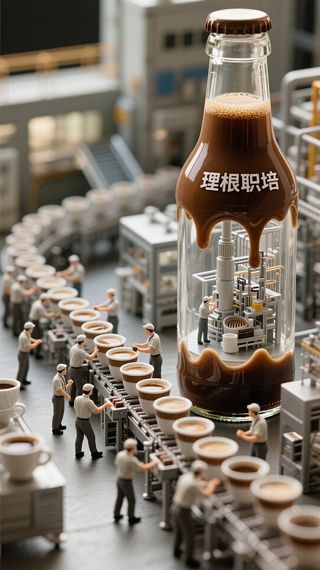 一瓶巨大的咖啡玻璃杯，里面有一个微型工厂，工厂生产线正在生产咖啡，工人们正在忙碌，生产线延伸出来，源源不断的咖啡杯运出；高端整洁，用咖啡色，书写：“理根职培”四个字，字体采用液体融合的方式与画面风格匹配