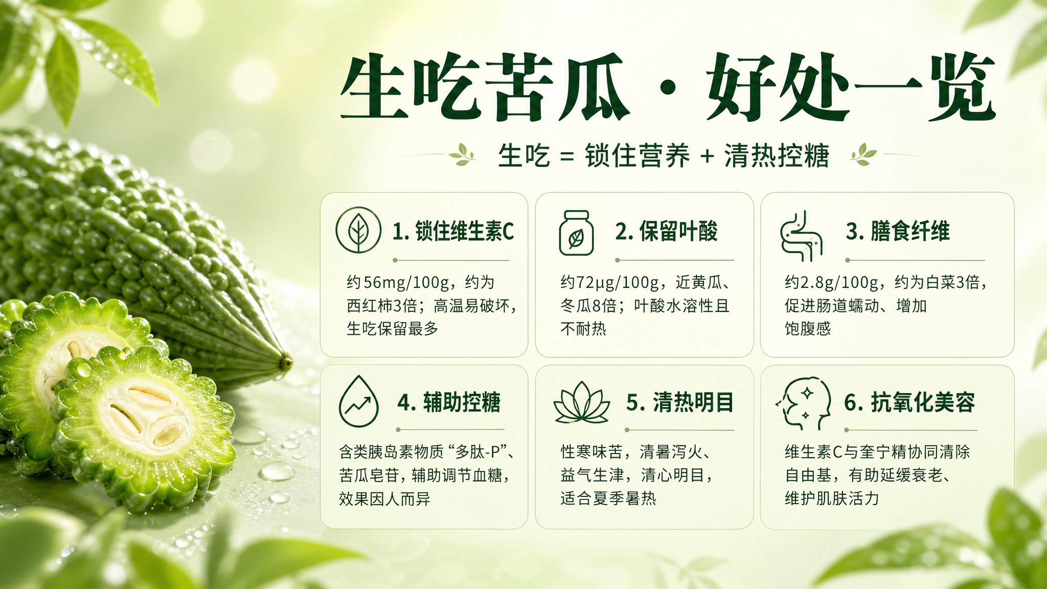 一张美光大气的PPT横版海报，主题为生吃苦瓜的好处。整体风格清… - 图片创意预览