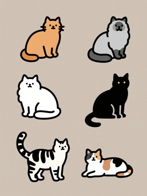六只不同品种的猫咪以规整的2x3网格排布在纯色背景上，每只猫咪都采用简约流畅的黑色线条勾勒，线条粗细均匀、边缘平滑，保持了原图可爱圆润的风格。第一排左为橘色英短猫坐姿，右为灰色布偶猫揣手坐；第二排左为白色波斯猫团身，右为黑色孟买猫侧坐；第三排左为虎斑美短猫站立，右为三花田园猫趴卧，整体画面信息传达清晰，视觉层级分明，符合萌宠主题的可爱设计感。预览效果