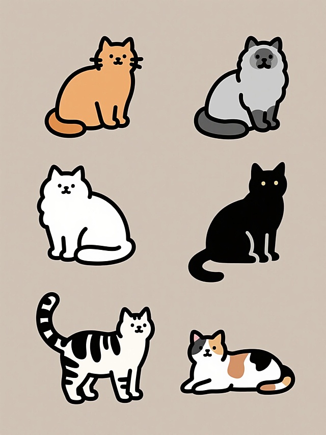 六只不同品种的猫咪以规整的2x3网格排布在纯色背景上，每只猫咪都采用简约流畅的黑色线条勾勒，线条粗细均匀、边缘平滑，保持了原图可爱圆润的风格。第一排左为橘色英短猫坐姿，右为灰色布偶猫揣手坐；第二排左为白色波斯猫团身，右为黑色孟买猫侧坐；第三排左为虎斑美短猫站立，右为三花田园猫趴卧，整体画面信息传达清晰，视觉层级分明，符合萌宠主题的可爱设计感。