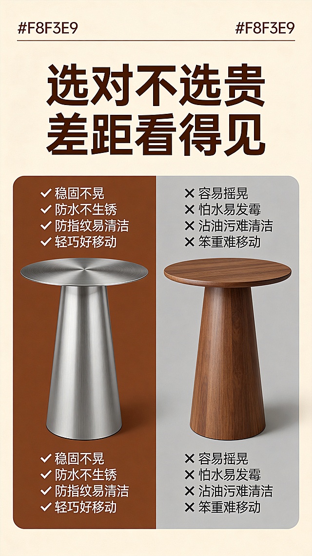 [第10屏] 优势对比展示-本款不锈钢茶几vs传统茶几对比。
本屏使用【图1】作为本款产品，参考参考图[图8]的左右对比版式结构。
[氛围/风格] 理性对比风，清晰直观，突出优势，暖调干净设计感。
[元素布局] 顶部通栏放主标题，主体部分左右分两栏对比展示：左侧是本款不锈钢茶几，标注各项优势，右侧是传统木质茶几，列出常见问题。保持本款产品结构材质颜色和原图一致，对比项分点列出清晰明了。
[光影质感] 整体均匀打光，左右对比明暗一致，文字和产品都清晰可读，无死黑和过曝。
[配色色系] 全局底色：#F8F3E9暖米色；左侧本款栏：棕褐色底配白色文字；右侧传统款栏：灰色底配深色文字；产品保留本身拉丝银灰色，对比清晰。
[视角构图] 9:16竖版，上标题下对比，左右平分，信息对比一目了然。
[文字版式] 顶部主标题「选对不选贵 差距看得见」居中棕褐色粗体。左右对比内容：左侧对勾列出：稳固不晃、防水不生锈、防指纹易清洁、轻巧好移动；右侧叉号列出：容易摇晃、怕水易发霉、沾油污难清洁、笨重难移动。文字排版整齐，清晰易读。
[比例分辨率] 9:16竖版比例，4K分辨率，文字清晰可辨，超高清。
[负向提示词] 产品变形，对比错乱，文字模糊，颜色脏，布局歪斜，水印，背景杂乱。