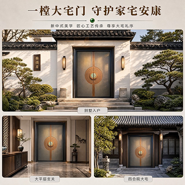 [主图-4] 多场景适配展示，体现入户门在不同大宅风格中的应用效果。
[统一基调] 新中式高端大宅风格，深灰古铜金配色，背景为浅米灰渐变，主标题用深古铜金色粗衬线体，辅助文字用深灰色，强调色用翡翠绿（呼应玉石点缀），整体沉稳大气专业，文字占比约25%。
[画面] 顶部大标题「一樘大宅门 守护家宅安康」。画面采用1大2小的宫格布局：上方大图展示门安装在新中式独栋别墅入户场景（门前有石阶、两侧有绿植、白墙黛瓦背景），占上半屏约60%；下方左右两个小图，左图展示现代新中式大平层入户玄关效果（室内视角，门与简约新中式家具搭配），右图展示传统四合院风格入户效果（门在传统中式建筑中）。每张小图下方有短标签：「别墅入户」「大平层玄关」「四合院大宅」。
[光影质感] 商业摄影质感，大图为户外自然光，门在阳光下有自然光影，铜色玉璧在阳光下熠熠生辉；小图分别为室内暖光和户外自然光，各自场景光影自然真实，门与场景融合自然，无悬浮感。
[配色] 主色深古铜金+深灰，场景色丰富但统一在暖色调中，文字深古铜金与深灰，整体有真实案例感。
[文字版式] 顶部主标题大号粗衬线体深古铜金居中。三宫格图片下方各有一个短标签，标签为圆角矩形浅灰底深灰字小号。所有文字横排，不遮挡门主体。
[输出要求] 1:1正方形，产品在各场景中外观一致不变形，场景真实自然，文字清晰可读，无水印无平台Logo。