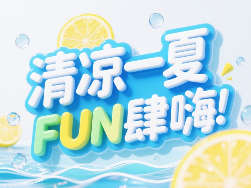 电商促销海报，夏日主题，3D立体文字设计，以明亮的蓝白渐变为主色调，搭配柠檬黄、薄荷绿等清爽夏日色彩，文字边缘有白色高光和浅蓝色阴影，营造出清凉通透的质感。"清凉一夏 FUN肆嗨"立体艺术字位于画面中央，字体选用活泼的无衬线体，字形饱满，笔画流畅，富有动感。背景点缀着透明水滴、柠檬片、海浪波纹等夏日元素，增强夏日氛围。整体视觉层次分明，色彩明快，信息传达直接，符合电商促销的热闹氛围和吸引年轻消……预览效果