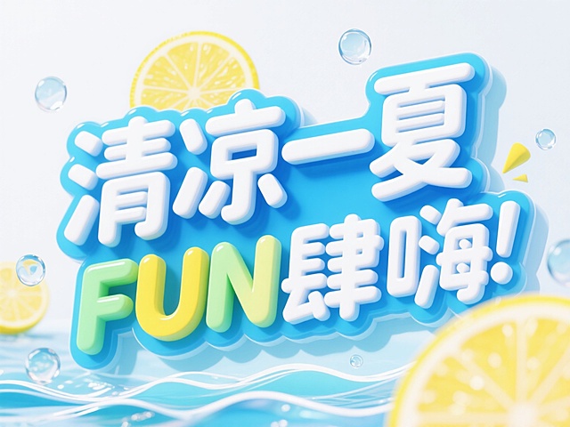 电商促销海报，夏日主题，3D立体文字设计，以明亮的蓝白渐变为主色调，搭配柠檬黄、薄荷绿等清爽夏日色彩，文字边缘有白色高光和浅蓝色阴影，营造出清凉通透的质感。"清凉一夏 FUN肆嗨"立体艺术字位于画面中央，字体选用活泼的无衬线体，字形饱满，笔画流畅，富有动感。背景点缀着透明水滴、柠檬片、海浪波纹等夏日元素，增强夏日氛围。整体视觉层次分明，色彩明快，信息传达直接，符合电商促销的热闹氛围和吸引年轻消费者的设计目的，画面简洁无多余元素，突出主题文字和夏日清凉感。
