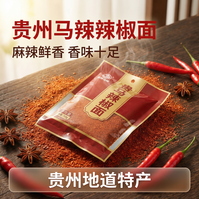[主图 1] 贵州特产马辣辣椒面产品首图
[氛围风格] 中式美食风，浓郁食欲感，真实烟火气，拼多多性价比风格
[画面元素] 商业摄影质感、光线柔和通透、产品清晰真实、画面干净高级。贵州马辣辣椒面包装袋预览效果