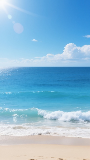 极简主义风格海滩风景，明亮的阳光从左上角照射，海面呈现出深邃的靛蓝色与清澈的天蓝色渐变，浪花为白色并带有细腻的泡沫，沙滩是温暖的米黄色，天空中有少量蓬松的白云，整体画面干净整洁，线条流畅，色彩饱和度高，具有现代设计感，营造出宁静、开阔、清爽的氛围。预览效果