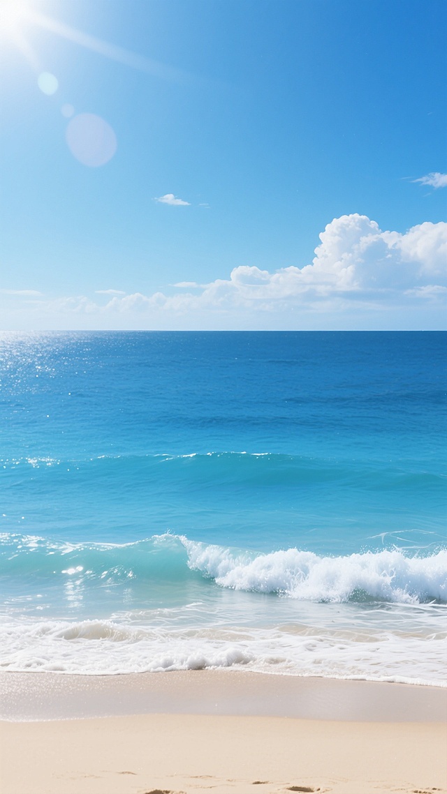 极简主义风格海滩风景，明亮的阳光从左上角照射，海面呈现出深邃的靛蓝色与清澈的天蓝色渐变，浪花为白色并带有细腻的泡沫，沙滩是温暖的米黄色，天空中有少量蓬松的白云，整体画面干净整洁，线条流畅，色彩饱和度高，具有现代设计感，营造出宁静、开阔、清爽的氛围。