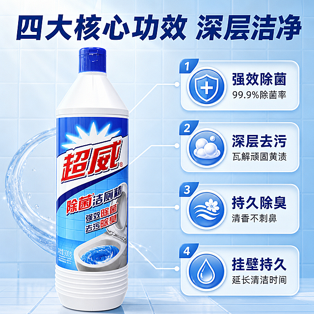 [商品] 使用【图1】超威除菌洁厕精900g；保留白色瓶身、蓝色瓶盖、蓝白标签、红色"超威"Logo、"除菌洁厕精"字样、净含量900g标识；瓶身结构、比例、颜色、材质、包装文字完全保真。
[画面] 目标：功效结构解析页，拆解四大核心功效。构图：产品居中偏左，占画面50%，右侧及四周用细线引线标注四大功效点；背景为浅蓝渐变+细腻瓷砖纹理；阅读动线从产品向四周扩散。前中后景：中景产品主体、前景功效图标卡片、后景浅蓝渐变背景。
[视觉] 套系策略：风格=洁净清爽家居商业摄影风；标题字=粗黑体；正文字=常规黑体；主色=超威蓝（品牌蓝）；背景延展=基于蓝白做深浅层级、同色渐变和瓷砖质感；强调色=亮白色，仅用于小面积图标、引线和数字标签；标题色=深蓝；正文色=深灰；组件=圆角信息卡、细线引线、功效图标；光影=正面均匀柔光，产品清晰锐利。
[文字] 顶部主标题"四大核心功效 深层洁净"；从瓶身引出4条引线对应4个功效卡：1."强效除菌 99.9%除菌率"（配盾牌图标）2."深层去污 瓦解顽固黄渍"（配泡沫图标）3."持久除臭 清香不刺鼻"（配香氛图标）4."挂壁持久 延长清洁时间"（配水滴图标）；文字不遮挡瓶身Logo。
[规格] 图片比例1:1方版，4K分辨率，负向提示：避免变形、错字、文字过小、瓶身文字错乱、产品比例失真、极限词、医疗功效宣称。