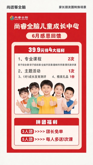 根据原图，重新设计竖屏海报，整体保持红色系列配色，和原图同尺寸竖屏9:16，侧重突出拼团福利卖点，放大展示3人团团长免单、5人团每人多送1次课的优惠信息，保留顶部logo和尚睿全脑儿童成长中心标题，保预览效果