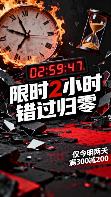 黑红撞色基调的双11限时购海报，画面中央是动态电子倒计时器，显示“02:59:47”，搭配巨型白色粗体字“限时 2 小时 错过归零”，背景有燃烧的时钟和破碎的沙漏，右下角标注“仅今明两天 满 300预览效果