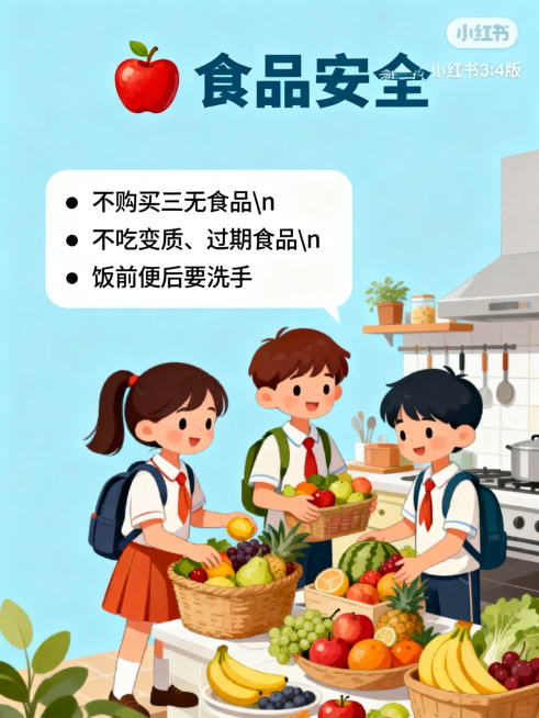 小红书3:4竖版宣传图，食品安全主题，浅蓝色背景。顶部标题"食品安全"配苹果图标。左侧文字框内容："• 不购买三无食品\n• 不吃变质、过期食品\n• 饭前便后要洗手"。右侧插画为小学生在厨房挑选新鲜预览效果