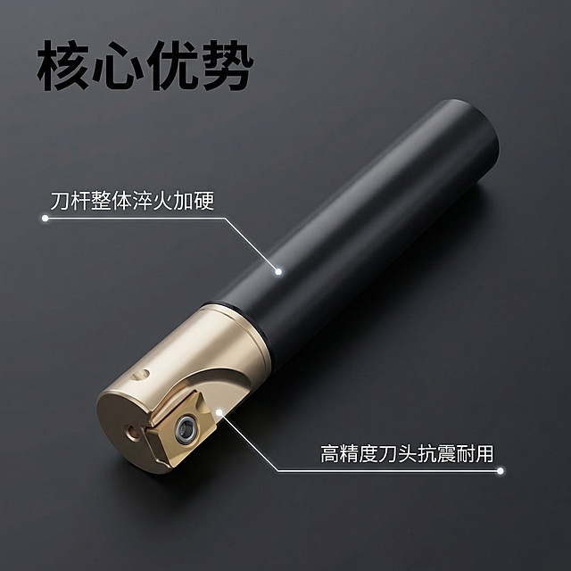 [垫图] https://gdesign-dam-hz.dancf.com/35964919474148437/fc315fe6348e4cb2bef2feaeb2e47fbd.jpg
[主图主题] BAP-300R直角铣刀杆核心卖点解析
[氛围/风格] 工业科技风，硬光清晰质感
[画面元素] 产品斜放居中，使用极细科技感引线分别连接刀杆主体、刀头接口两个部位，每个引线末端带光点定位，背景为干净深灰色，全屏铺满无边框
[配色色系] 主色调：深灰背景，哑光黑刀杆，香槟金刀头，白色引线文字
[视角构图] 平视斜视角，主体突出，景深适中
[文字版式] 主标题 "核心优势" 左上角悬浮黑色粗体，引线旁分别标注文字 "刀杆整体淬火加硬" "高精度刀头抗震耐用"，文字均为白色细体，不遮挡产品核心主体，布局简洁清晰
[比例分辨率] 1:1 比例，2k 分辨率