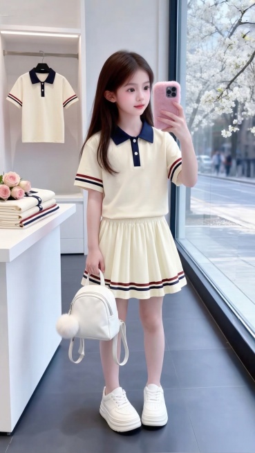 用图1短袖和短裙替换掉图2的模特身上穿的衣服裤子和旁边桌子上折叠的衣服以及后方衣架上挂着的衣服，保留原场景光影，保持图2的人物的五官和发饰不变，姿势不变，背景不变，图片宽高尺寸不变，保持图1的短袖和预览效果