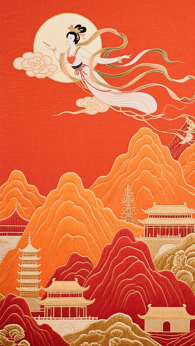 红橙色背景中有、嫦娥奔月、圆月，云彩，下方有橙色、红色、金色的山峦层层叠叠、一些中国标志性建筑，前后有层次