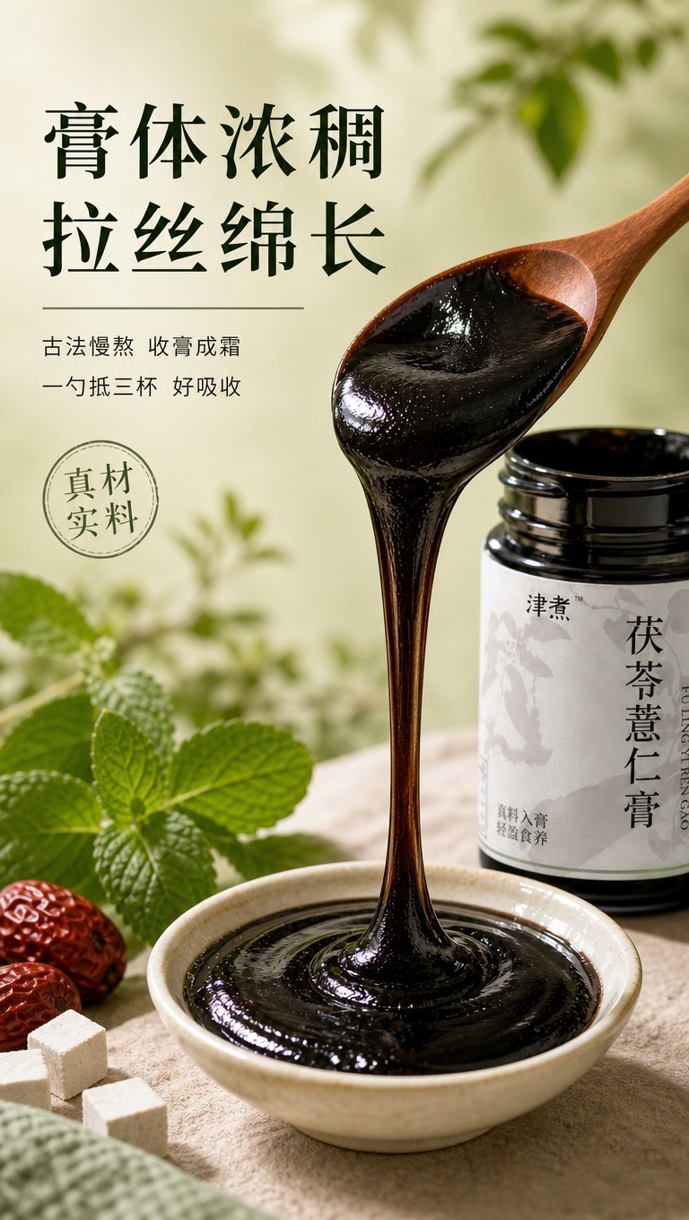 [商品] 使用【图3】津煮茯苓薏仁膏膏体质地特写；保留玻璃膏罐… - 图片创意预览