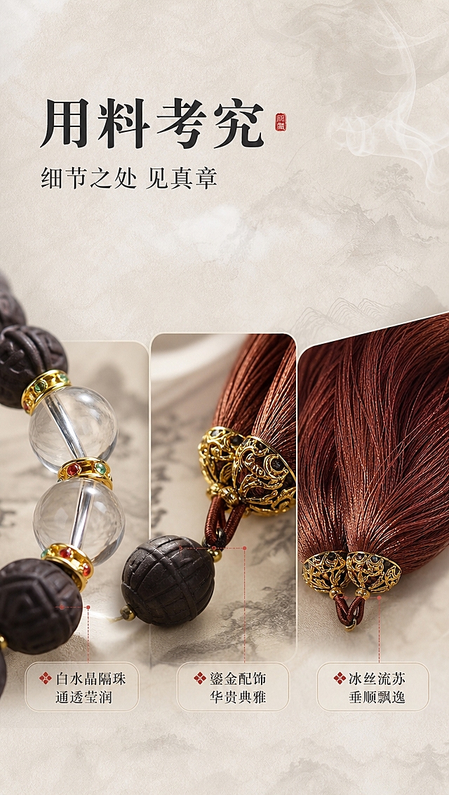 [商品] 使用【图1】唐韵合香九尾狐药香珠手持挂饰；重点保留白水晶隔珠的通透质感、鎏金隔片的金属光泽、棕红色流苏的丝绒质感；增强各配件材质对比与精致度，不改变配件样式和颜色。
[画面] 目标：配件细节展示，呈现整体用料考究。构图：画面横向铺展产品局部，从左至右依次展示白水晶隔珠+鎏金隔片组合、流苏头部鎏金装饰、流苏丝缕细节；采用微距拼图式布局，3组细节错落排列于画面中下部，占画面约60%；背景为浅水墨宣纸，上方有淡淡青烟；上部留白作文字区；柔和侧光凸显水晶通透、金属光泽与丝绒质感。
[视觉] 套系策略：风格=高级国风商业静物摄影；标题字=宋体衬线粗体；正文字=简洁宋体；主色=深褐香棕；背景延展=基于米白宣纸做深浅层级、水墨晕染和细腻纸纹质感；强调色=朱砂红，仅用于小面积图标、引线和标签；标题色=炭黑色；正文色=深暖灰；组件=细线引线、圆角米白信息卡、水墨分隔线；光影=左前侧柔和自然光。
[文字] 上部留白区横排文字：主标题「用料考究」，副标题「细节之处 见真章」，下方3个配件卖点「白水晶隔珠·通透莹润」「鎏金配饰·华贵典雅」「冰丝流苏·垂顺飘逸」；配细线引线分别指向对应配件。
[规格] 图片比例9:16竖版，8K高清，微距浅景深，细节细腻，柔和阴影；避免变形、错字、文字过小、冷蓝背景、商品颜色改变、结构失真、多余杂物。