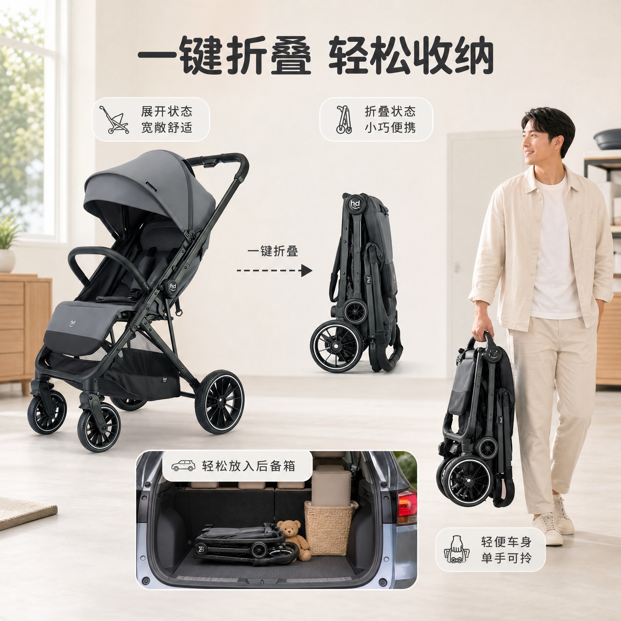 [主图-5] 深灰色婴儿推车折叠收纳与便携性展示图，突出轻便折… - 图片创意预览