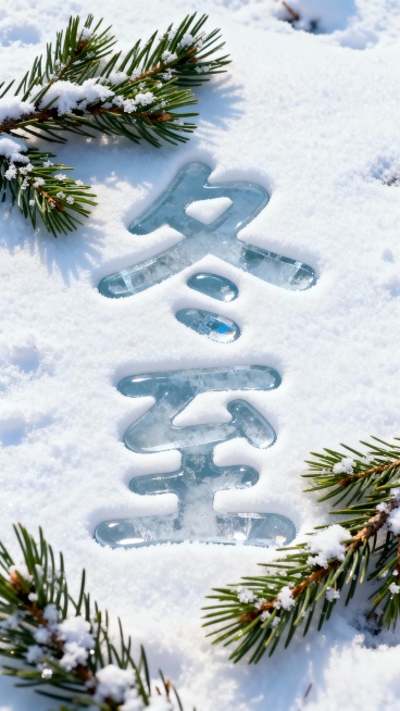 俯视视角，画面主视觉是在雪地中写出的萌系“冬至”文字，露出冰面，旁边有松树枝点缀预览效果