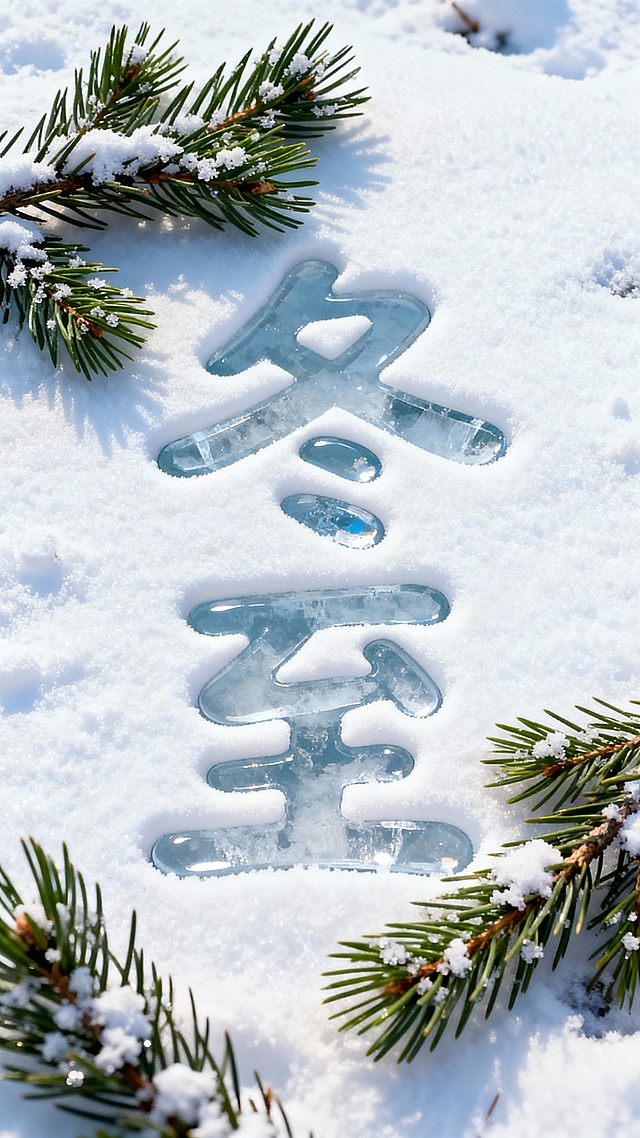俯视视角，画面主视觉是在雪地中写出的萌系“冬至”文字，露出冰面，旁边有松树枝点缀