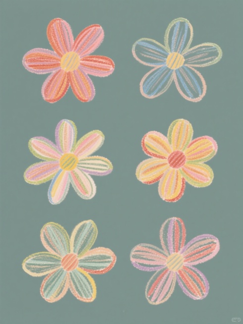 简约现代风格，六个规整排布的花朵素材，采用类似手绘蜡笔或彩色铅笔的质感，线条粗犷随性带有轻微的纹理感，花朵样式各不相同，颜色丰富多样，每个花朵都有独特的轮廓和细节，纯色背景，无任何文字、logo和水印，整体造型简洁明快，视觉效果干净利落。预览效果