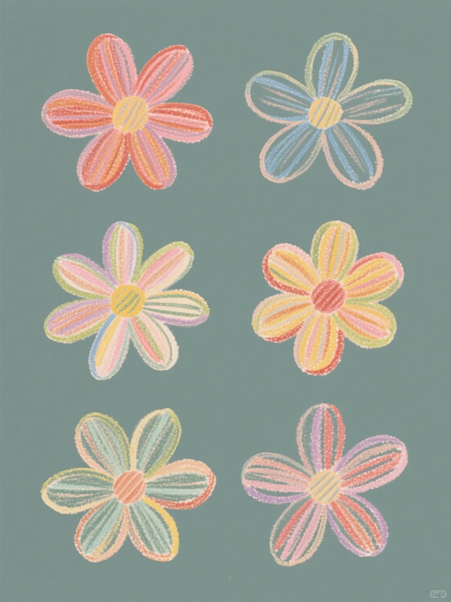 简约现代风格，六个规整排布的花朵素材，采用类似手绘蜡笔或彩色铅笔的质感，线条粗犷随性带有轻微的纹理感，花朵样式各不相同，颜色丰富多样，每个花朵都有独特的轮廓和细节，纯色背景，无任何文字、logo和水印，整体造型简洁明快，视觉效果干净利落。
