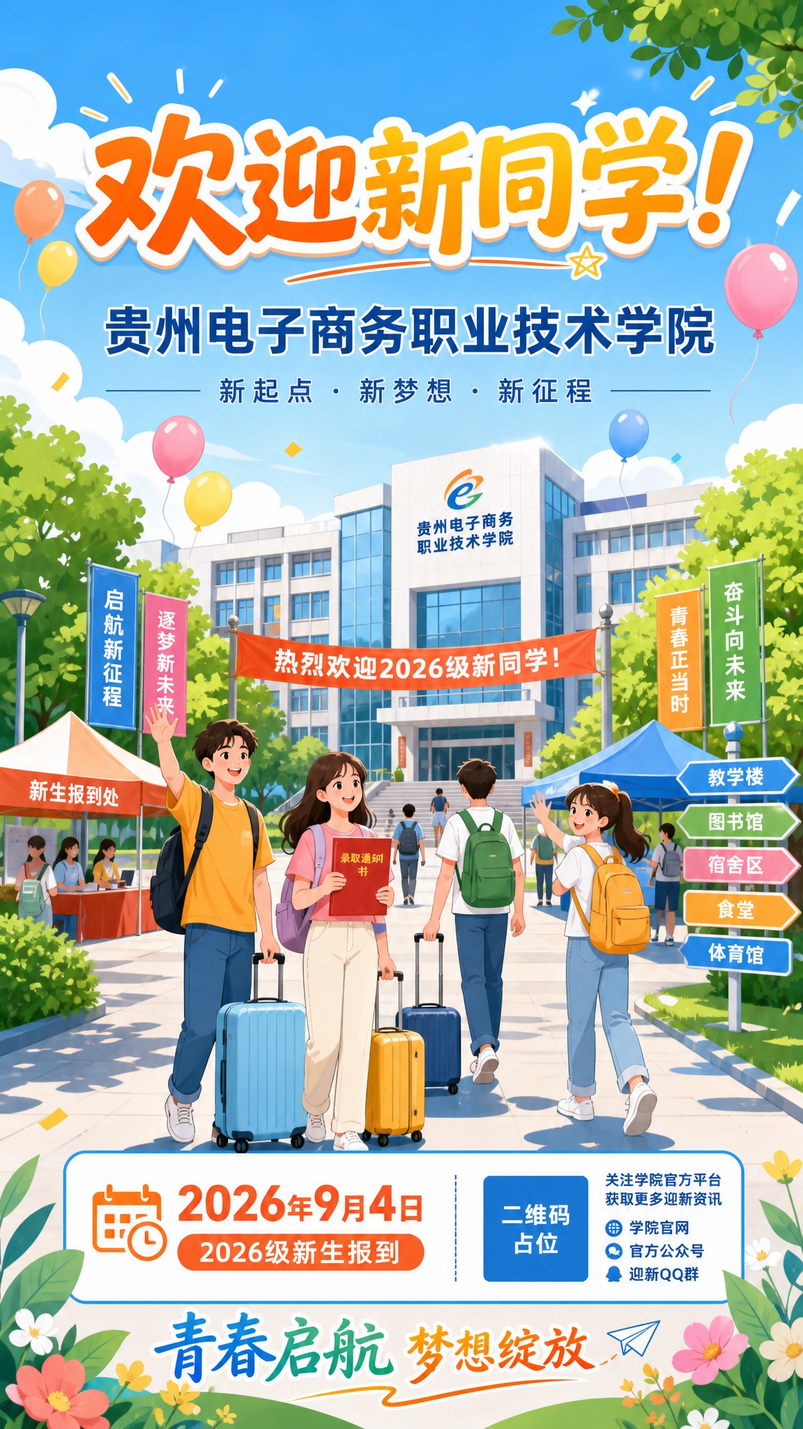 一张贵州电子商务职业技术学院迎新海报，扁平插画风格，青春活力校… - 图片创意预览