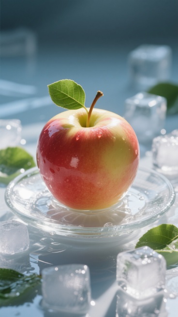 一个表面光滑的苹果，带有渐变的红色和黄色，顶部有一片绿色的叶子，放在一个透明的玻璃盘子上，周围散落着一些透明的冰块和几片绿色的叶子，整体呈现出清新、冷冽的感觉，光线从上方照射下来，在苹果和冰块上形成明亮的高光和清晰的阴影，营造出一种晶莹剔透的视觉效果。预览效果