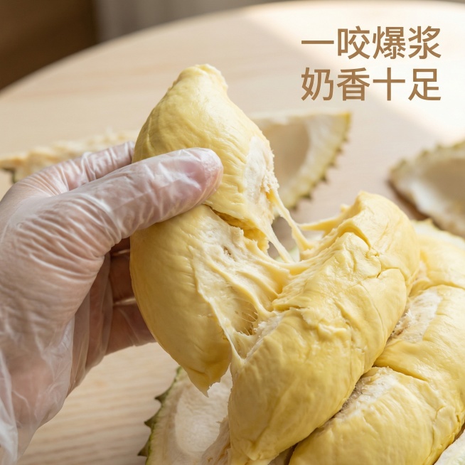 [主图 4 场景体验代入]
主图主题：手持榴莲果肉展示体验
氛围风格：真实生活感，自然轻松，食欲感强
画面元素：一只手（亚洲女性手部，肤色自然）戴着一次性手套，捏着一块饱满的榴莲果肉，从完整果肉块上取预览效果