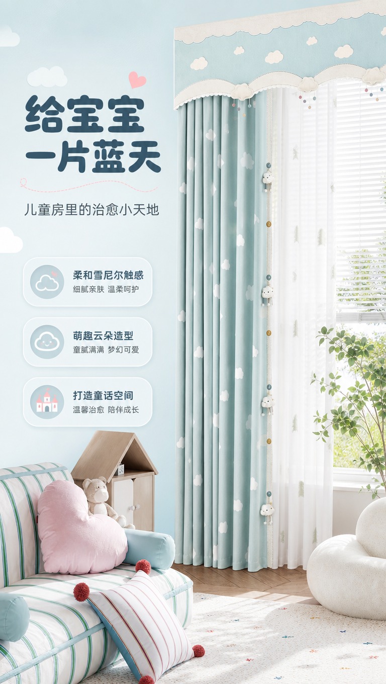 [商品] 使用【图1】浅蓝色雪尼尔提花云朵儿童窗帘；保留窗帘结… - 图片创意预览