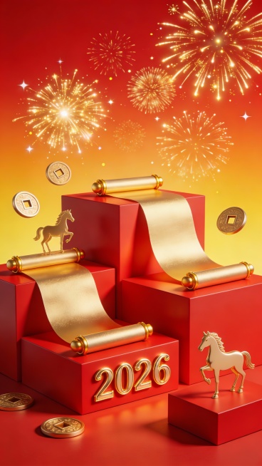 3D渲染风格的中国新年主题海报，以大红色为主色调，搭配金色点缀，营造出喜庆、热烈的节日氛围。画面中央有多个大小不一的红色立体方块台阶，台阶上放置着金色卷轴，卷轴边缘有金色的卷轴头装饰，部分卷轴从台阶上优雅垂落。背景是渐变的红色到橙黄色，上方绽放着多朵金色的烟花，烟花有不同的大小和绽放形态，带有明亮的光芒和星点效果。画面中散落着多个圆形的金色铜钱，铜钱上有方形孔洞，分布在卷轴和台阶周围。在红色方……预览效果