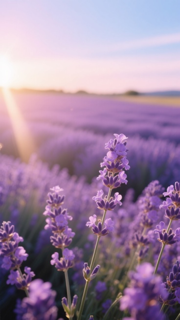 一片广阔的薰衣草花田，前景是形态饱满、细节清晰的紫色薰衣草花朵，细长的花茎支撑着层层叠叠的花瓣，花瓣边缘略带柔和的高光。阳光从画面上方斜射下来，形成温暖的金色光晕，给薰衣草花朵镀上一层朦胧的粉紫色柔光，背景是逐渐虚化的紫色花海，延伸至远方的地平线，天空呈现出淡蓝色与粉紫色渐变的柔和色调，整体画面营造出宁静、浪漫、梦幻的氛围，光影柔和，色彩和谐统一，具有高度的写实感和细腻的质感表现。预览效果