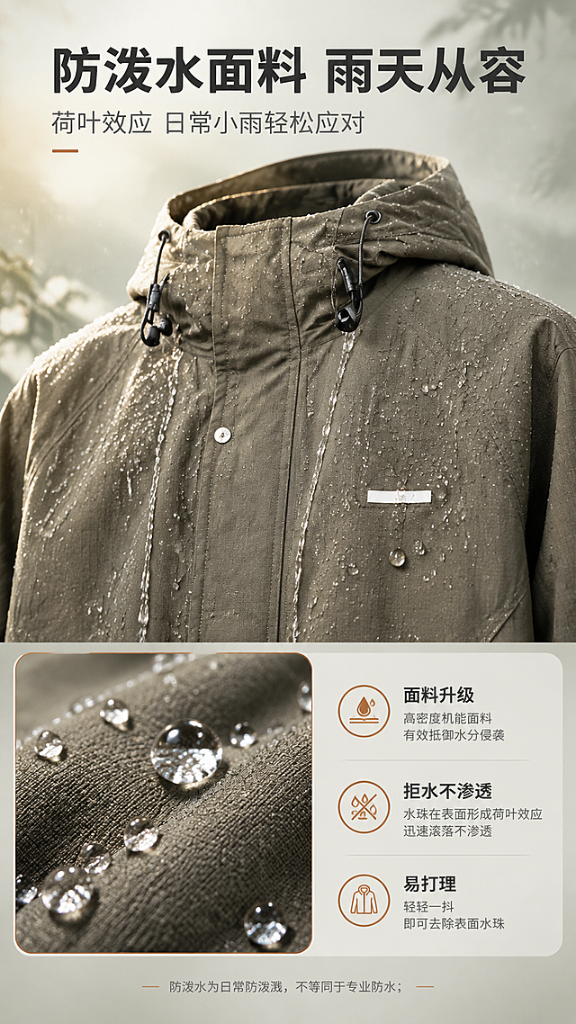 [商品] 使用【图1】橄榄灰绿色连帽机能外套；商品处理：保留连帽、门襟、口袋、颜色和肌理感面料；自然去皱，增强面料纹理质感，不改变版型；局部做防泼水效果演示，水珠在面料表面滚落不渗透。
[画面] 目标：防泼水功能演示页，可视化展示面料防护能力。构图：上半部分为外套上半身近景，细密水珠喷淋在面料表面形成荷叶效应，水珠晶莹滚落；下半部分左侧为面料微距特写，展示纤维纹理与水珠形态，右侧为信息卡说明。产品占画面约50%。背景为浅灰绿渐变+柔和光斑。
[视觉] 套系策略：风格=城市户外机能风高级商业摄影；标题字=现代无衬线粗黑体；正文字=简洁无衬线体；主色=橄榄灰绿；背景延展=基于橄榄灰绿做深浅层级、大地色系渐变和自然肌理质感；强调色=暖橙棕，仅用于小面积图标、引线和标签；标题色=深炭灰；正文色=中暖灰；组件=圆角浅底信息卡、细线引线、机能风小图标；光影=左前侧暖柔光，突出水珠通透质感。
[文字] 顶部主标题"防泼水面料 雨天从容"，副标题"荷叶效应 日常小雨轻松应对"；右侧信息卡：「面料升级」「拒水不渗透」「易打理」3个要点；底部小字说明：防泼水为日常防泼溅，不等同于专业防水；文字全部横排。
[规格] 图片比例9:16竖版，2K分辨率，避免变形、错字、文字过小、冷蓝背景、衣服颜色改变、版型失真、极限词、虚假宣传。