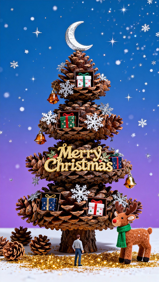 四层松果堆叠的微缩圣诞树场景，缀着银箔雪花、琥珀色铃铛，顶部银色月牙，树身有 “Merry Christmas” 鎏金艺术字。每层嵌着圣诞礼盒；树外右下角立着棕毛绒驯鹿（挂绿围巾），地面撒金粉松果。背景是上下渐变的蓝紫双色，空中飘着闪银雪粒与星点。