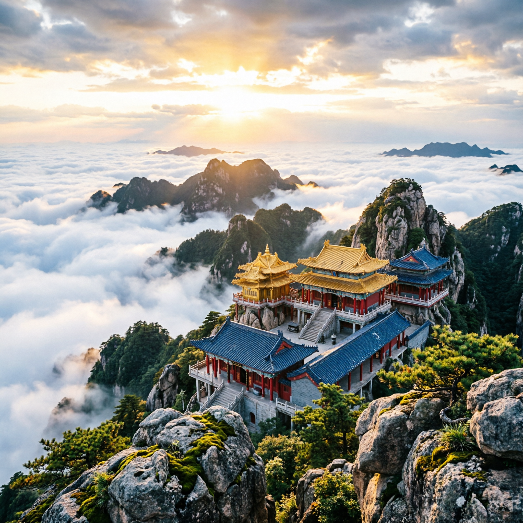 老君山风景，金顶道观群，云海缭绕，日出时分，金色阳光洒在金顶上… - 图片创意预览