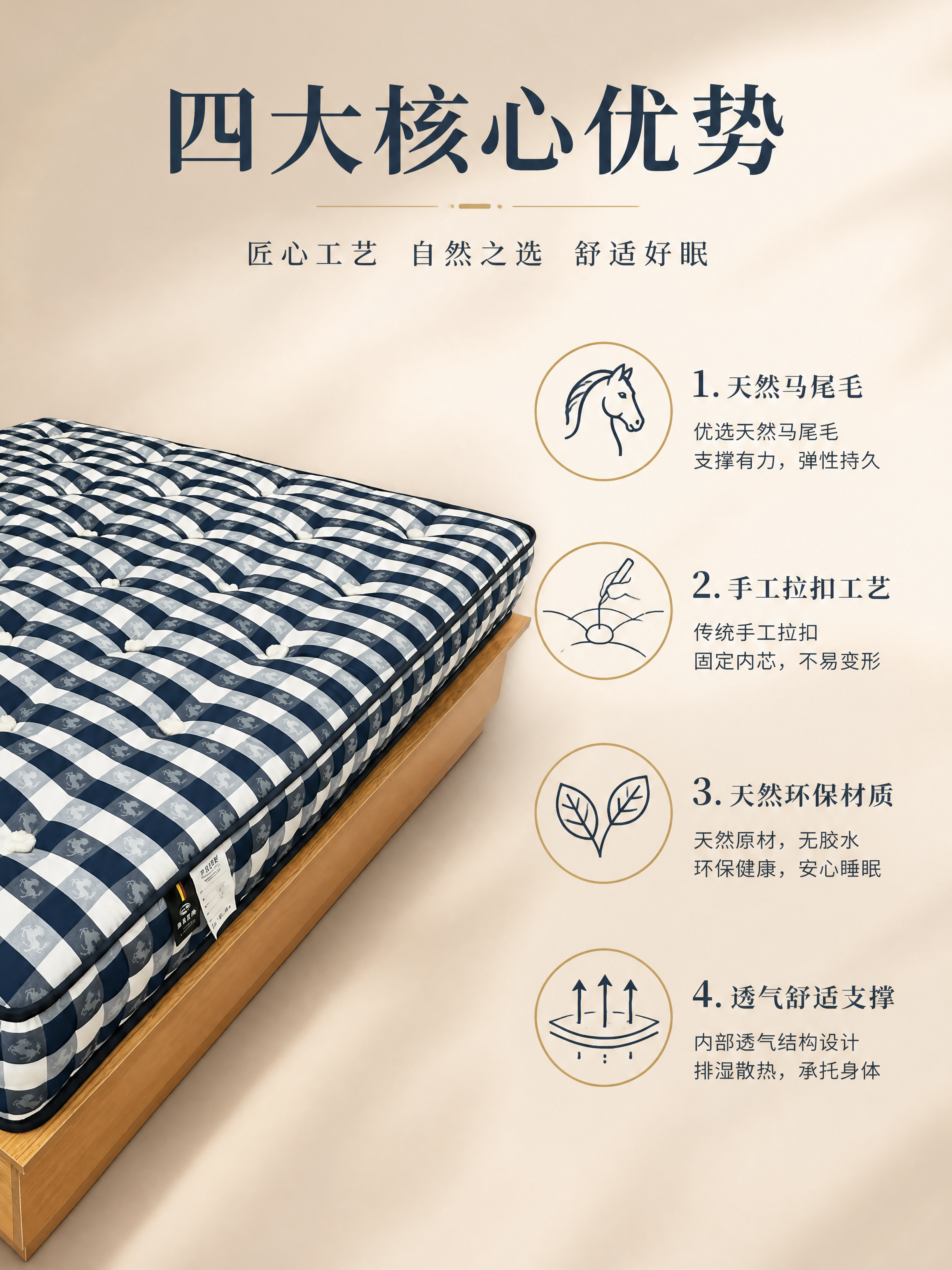 【图1】蓝白格纹手工床垫，半侧面展示，保留格纹、拉扣、厚度和标… - 图片创意预览