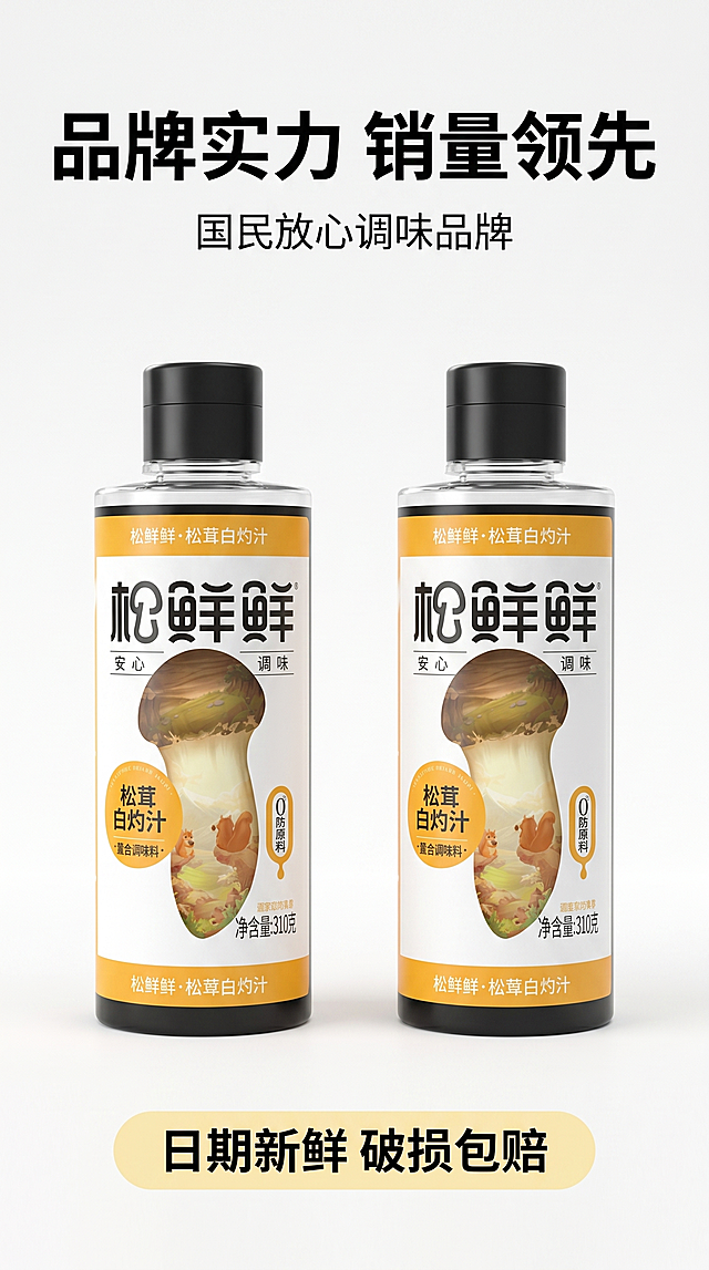 [主图-5] 松鲜鲜白灼汁品牌实力展示
[氛围风格] 简洁稳重信任风
[画质] 商业摄影质感、光线柔和通透、产品清晰真实、画面干净高级
[元素] 两瓶松鲜鲜白灼汁并排居中展示，背景干净浅色简约风，突出产品和品牌信息。保持松鲜鲜白灼汁产品外观与输入产品图绝对一致，杜绝任何变形和色差，精细化处理。商品主体占比约70%，画面满铺无边框
[光影] 柔和均匀影棚光，清晰突出产品轮廓，质感通透
[配色] 浅白色背景，产品本身暖黄和黑色包装自然突出，整体干净简洁
[视角构图] 居中平视构图，产品完整居中，轮廓清晰不裁切
[文字版式] 顶部大字“品牌实力 销量领先”黑色粗体醒目，下方小字“国民放心调味品牌”。底部浅黄色悬浮条展示服务承诺“日期新鲜 破损包赔”黑色文字。文字不遮挡产品主体，对比清晰可读
[比例分辨率] 9:16 比例，2k 分辨率；文字清晰锐利，画面超高清
[负向提示词] 变形，水印，文字错乱，产品图模糊，背景杂乱，绝对化违禁词，遮挡主体