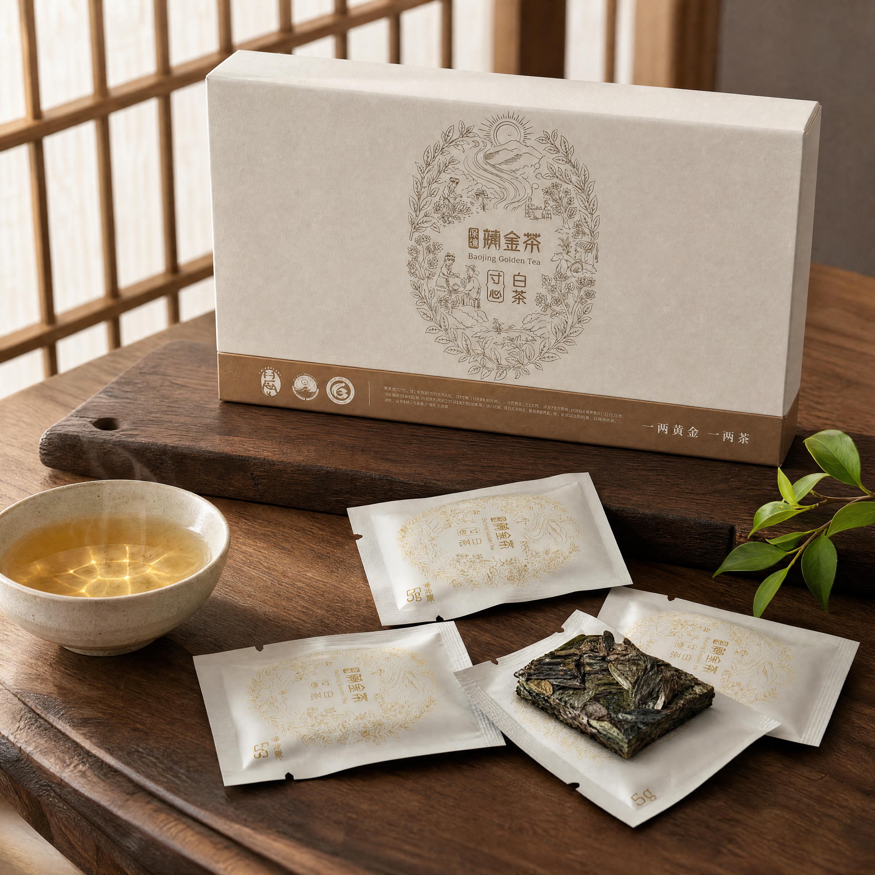 超写实新中式茶空间产品摄影。 主体：保靖黄金茶白茶礼盒严格参照… - 图片创意预览