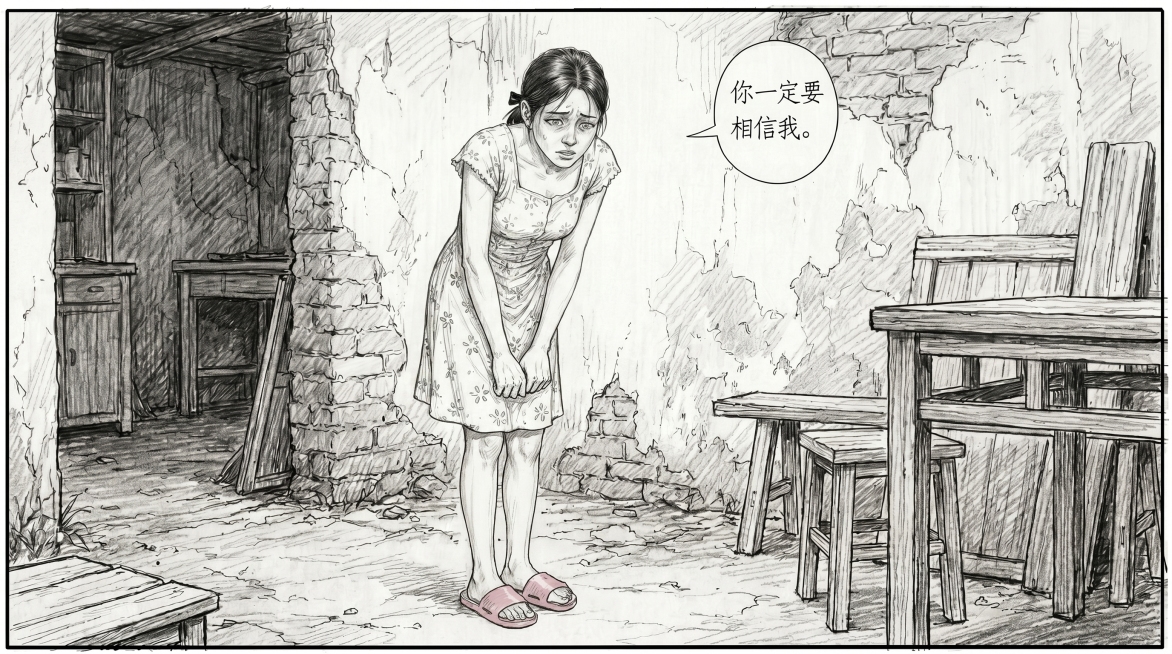修改构图，将李东莲调整为正面朝向镜头，她埋下头细声说话，台词气泡保留："你一定要相信我。"，保持原有整体风格，精细铅笔素描，破旧出租屋内，保留碎花连衣裙和粉色拖鞋，神态局促不安预览效果