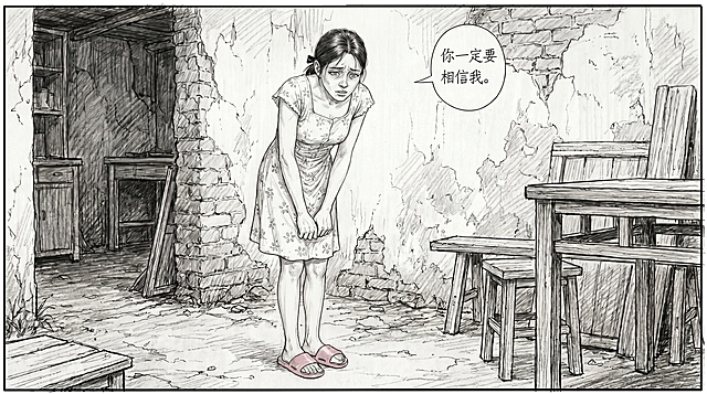 修改构图，将李东莲调整为正面朝向镜头，她埋下头细声说话，台词气泡保留："你一定要相信我。"，保持原有整体风格，精细铅笔素描，破旧出租屋内，保留碎花连衣裙和粉色拖鞋，神态局促不安