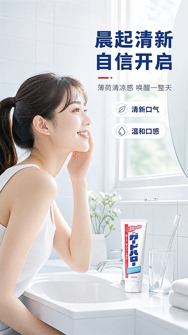 [商品] 使用【图1】花王大白牙膏165g软管装；保留全部包装原貌；产品放置于洗手台边缘，与牙刷、漱口杯同场景，占画面约15%。
[画面] 页面目标：真人使用效果展示，传递使用后清新自信的状态。构图：中近景，亚洲年轻女性（25-30岁，清爽短发或马尾）在明亮浴室洗漱台前，侧身对镜微笑，手轻触脸颊，展现清新自信神态；前景洗手台上摆放牙膏、牙刷与透明漱口杯；背景为白色瓷砖+柔和自然光从窗户射入；人物占画面约50%，产品自然融入场景不突兀。
[视觉] 套系策略：风格=日系清新干净商业摄影风；标题字=现代无衬线粗体（思源黑体Heavy）；正文字=简洁无衬线体（思源黑体Regular）；主色=纯净白；背景延展=基于白+浅蓝做同色渐变、水光质感与柔和光晕；强调色=花王红（仅用于小面积标签、引线、图标点缀）；标题色=深海蓝；正文色=中灰蓝；组件=圆角浅底信息卡、细线引线、胶囊形标签；光影=右侧自然光+左侧补光，整体明亮通透，暖冷平衡偏清爽。
[文字] 右上区域主标题「晨起清新 自信开启」（8字），副标题「薄荷清凉感 唤醒一整天」；下方2个短卖点胶囊：① 清新口气 ② 温和口感；文字横排，不遮挡人物面部与产品主体。
[规格] 图片比例9:16竖版，分辨率4K，quality=medium；负向提示：避免出现"菌/洁净/亮白/蛀牙"等禁用词、欧美面孔、夸张牙齿前后对比、医疗功效承诺、人物表情僵硬、产品包装文字错乱。