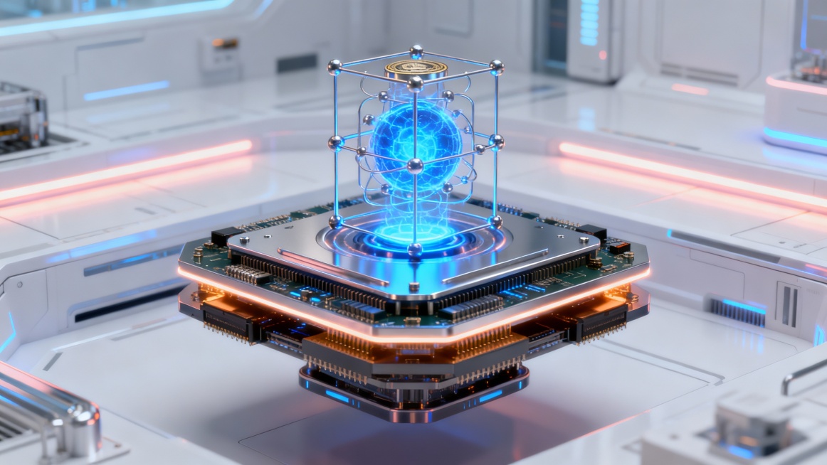 Futuristic crypto quantum core, floating layered hardware platforms, glowing blue energy nucleus at预览效果