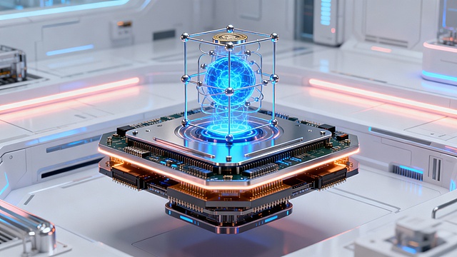 Futuristic crypto quantum core, floating layered hardware platforms, glowing blue energy nucleus at the center, ultra-clean white tech lab, precision engineering style, soft neon lighting, realistic 3D render, no text, 16:9