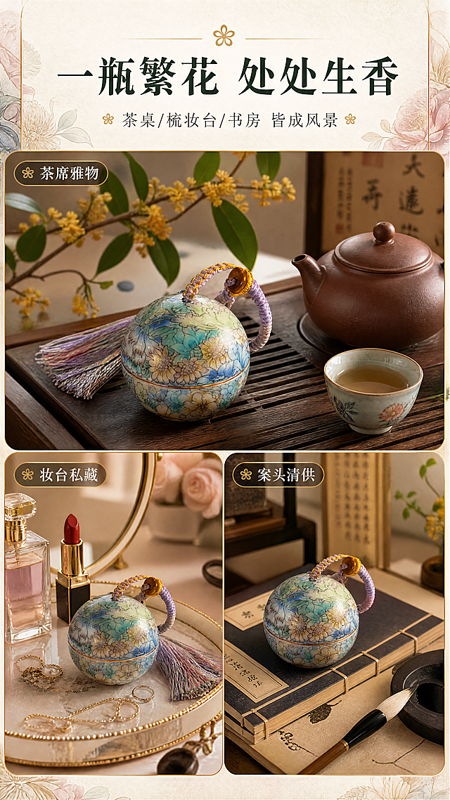 [商品] 使用【图1】骨子里·万花陶瓷分装罐；保留球形罐体、满绘万花图案、紫绿蓝黄花色、金色描边、紫色编织挂绳与流苏；陶瓷质感与纹样完整保留，不改变结构。
[画面] 页面目标：场景种草，展示多场景摆放，激发拥有欲。构图：竖版9:16，三格拼图布局（上1大格+下2小格）；上格：中式茶桌场景，罐子置于茶盘旁配紫砂壶与桂花枝；左下格：梳妆台场景，罐子放在首饰托盘里配口红与香水瓶；右下格：书房案头场景，罐子置于线装书旁配毛笔与砚台；每格都有产品真实入镜，自然融入场景。
[视觉] 套系策略：风格=国风新中式轻奢商业摄影；标题字=宋体衬线粗体；正文字=简洁细黑体；主色=繁花多彩（紫/青/粉/金），背景延展=暖木色+米白做深浅层级、木纹/宣纸质感；强调色=描金，仅用于小图标和分隔线；标题色=深墨绿；正文色=深炭灰；组件=圆角金线信息卡、细金线分隔、花朵小图标；光影=每个场景均为柔和自然光侧照，温暖均匀，无光斑、无硬阴影。
[文字] 顶部主标题「一瓶繁花 处处生香」，副标题「茶桌/梳妆台/书房 皆成风景」；每格场景配1个短标签（茶席雅物 / 妆台私藏 / 案头清供），文字横排置于每格角落，不遮挡产品。
[规格] 图片比例9:16竖版，4K分辨率，负向提示：光斑、过曝、模糊、错字、文字竖排、产品变形、冷色调、水印。